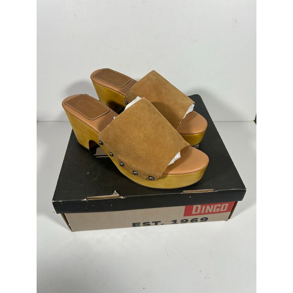 NIB DINGO BEECHWOOD TAN SUEDE PLATFORM CLOG SLIDE SANDALS Women 9.5M Boho Retro